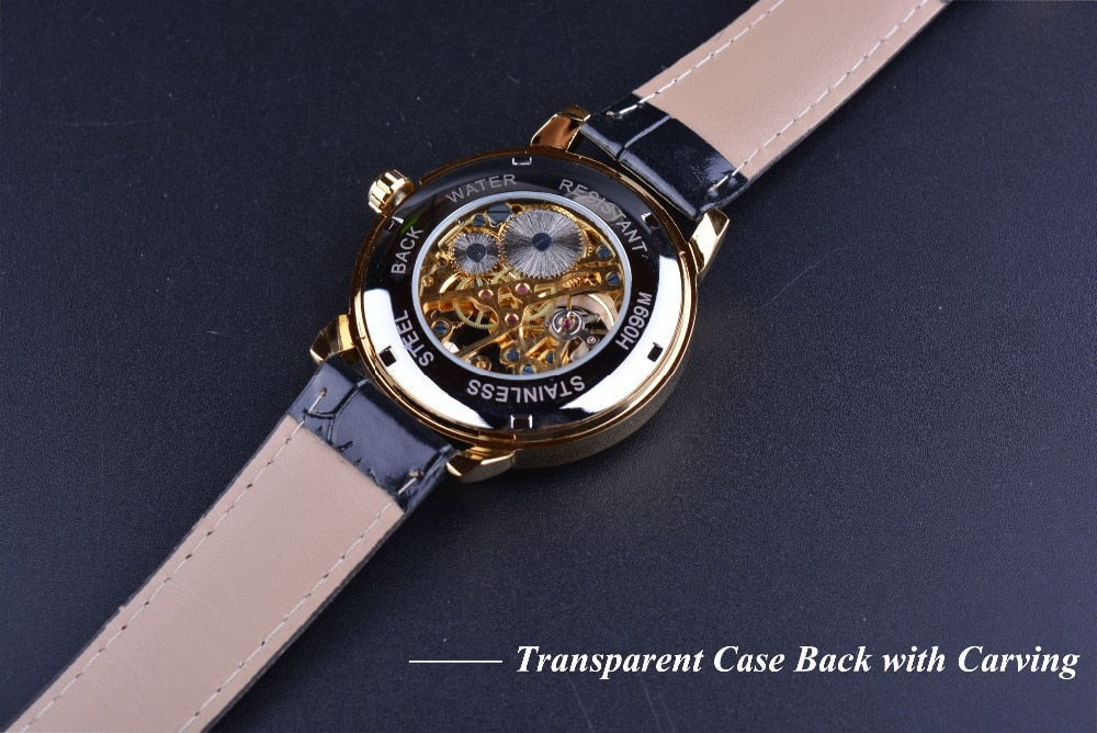 3d Logo Design Hollow Engraving Black Gold Case Leather Skeleton Mechanical Watches Men Luxury Brand Heren Horloge
