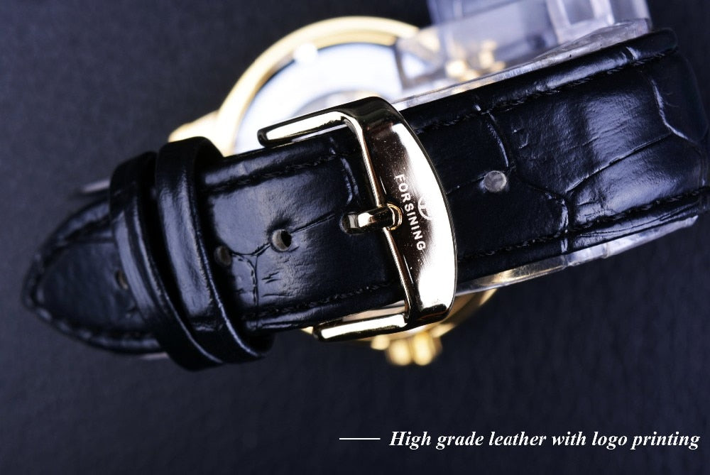 3d Logo Design Hollow Engraving Black Gold Case Leather Skeleton Mechanical Watches Men Luxury Brand Heren Horloge
