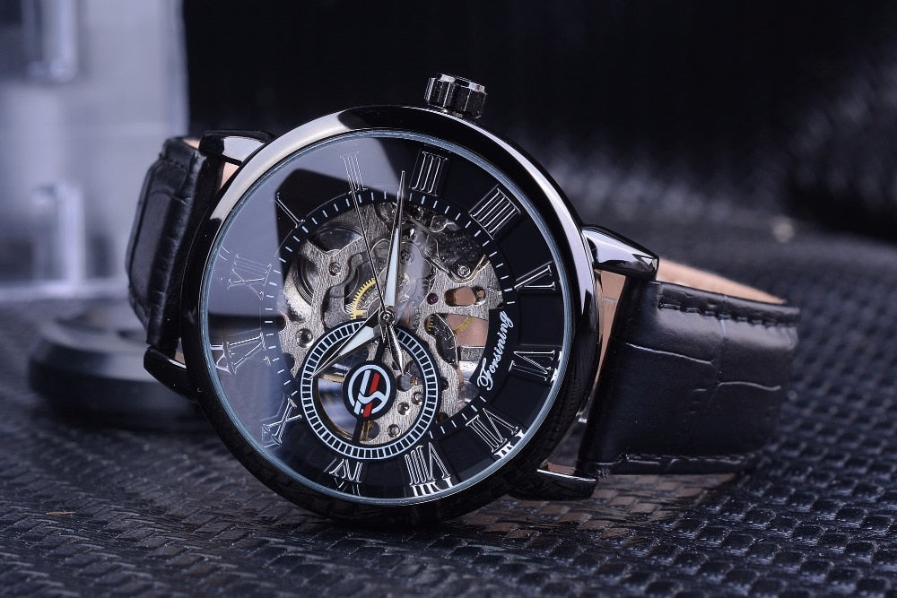 3d Logo Design Hollow Engraving Black Gold Case Leather Skeleton Mechanical Watches Men Luxury Brand Heren Horloge