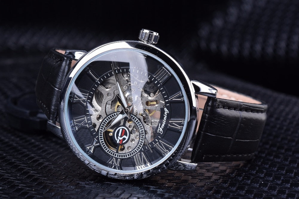 3d Logo Design Hollow Engraving Black Gold Case Leather Skeleton Mechanical Watches Men Luxury Brand Heren Horloge
