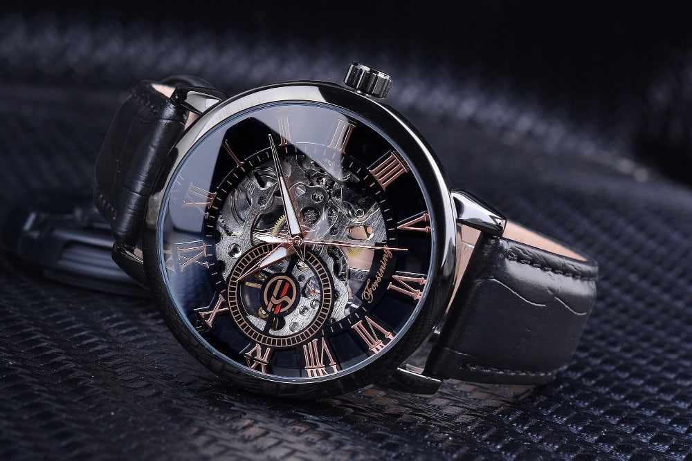 3d Logo Design Hollow Engraving Black Gold Case Leather Skeleton Mechanical Watches Men Luxury Brand Heren Horloge