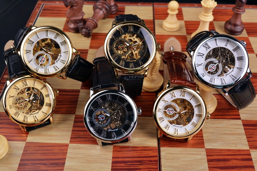 3d Logo Design Hollow Engraving Black Gold Case Leather Skeleton Mechanical Watches Men Luxury Brand Heren Horloge