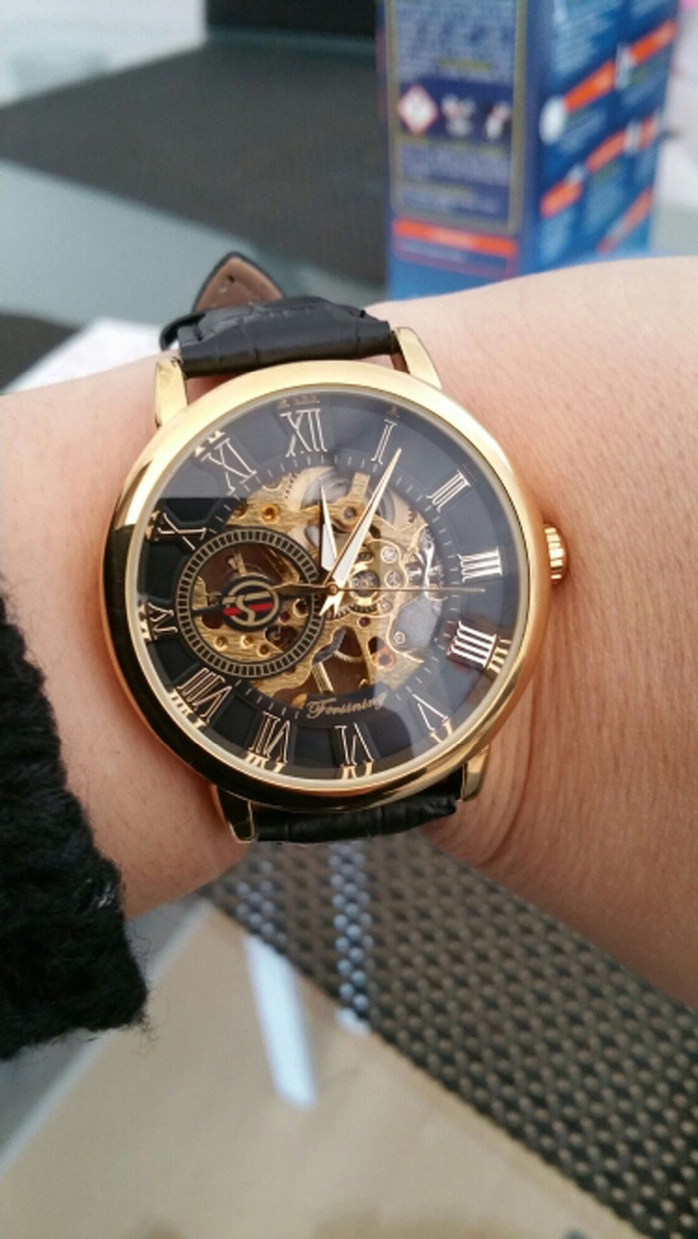 3d Logo Design Hollow Engraving Black Gold Case Leather Skeleton Mechanical Watches Men Luxury Brand Heren Horloge