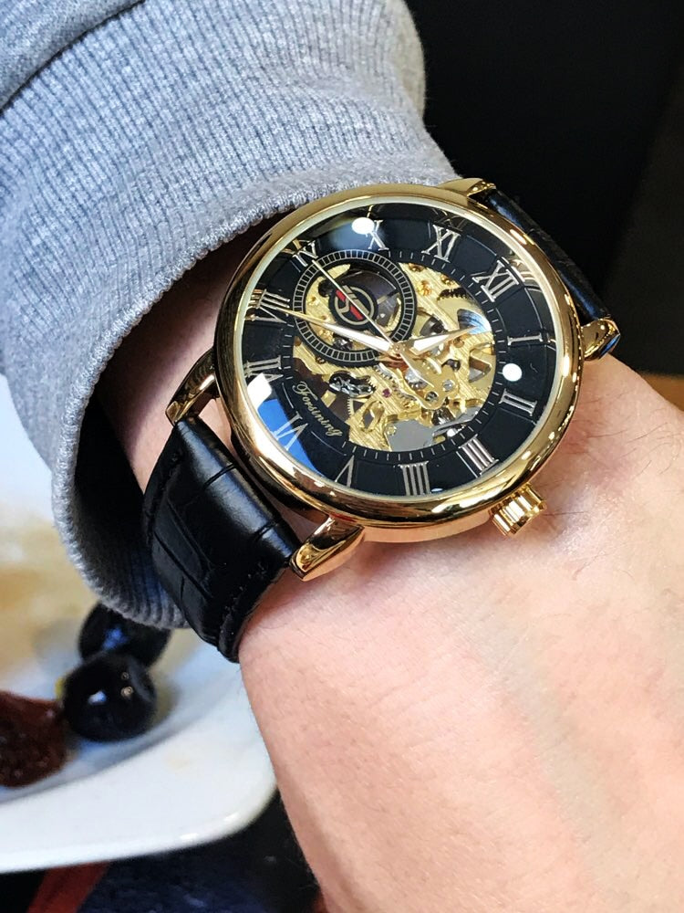3d Logo Design Hollow Engraving Black Gold Case Leather Skeleton Mechanical Watches Men Luxury Brand Heren Horloge