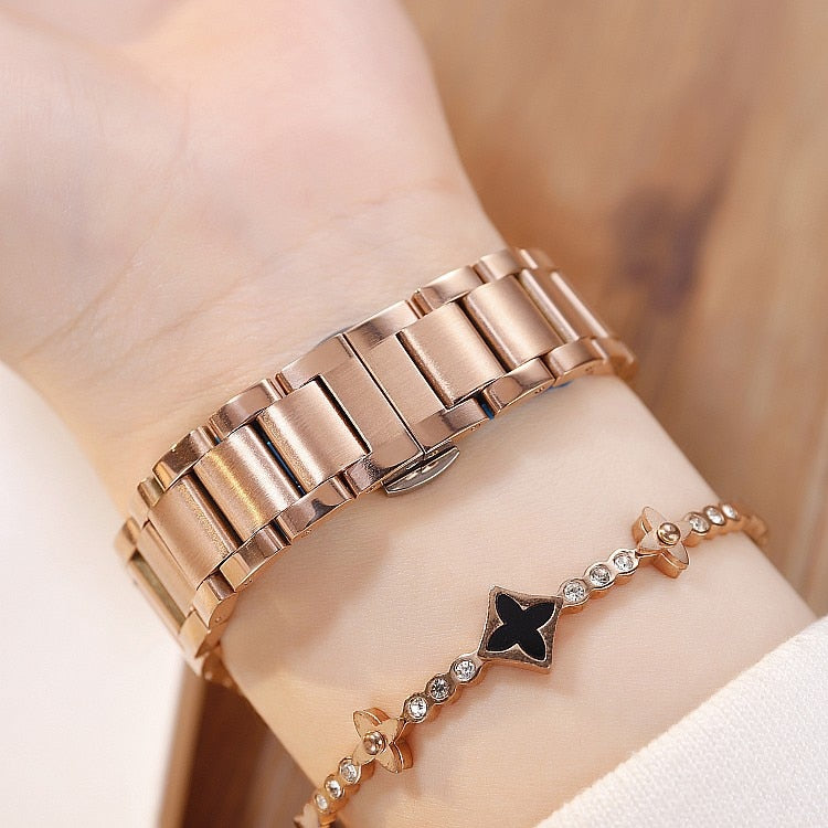 Top Luxury Women's Watch Lady Stainless Steel Watches Shining Rotation Women Rose Watch Clock montre femme cuir dames horloge