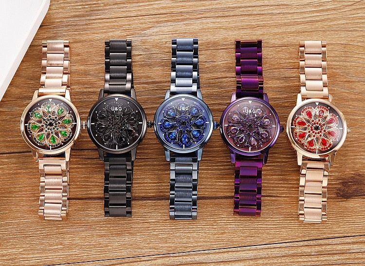 Top Luxury Women's Watch Lady Stainless Steel Watches Shining Rotation Women Rose Watch Clock montre femme cuir dames horloge