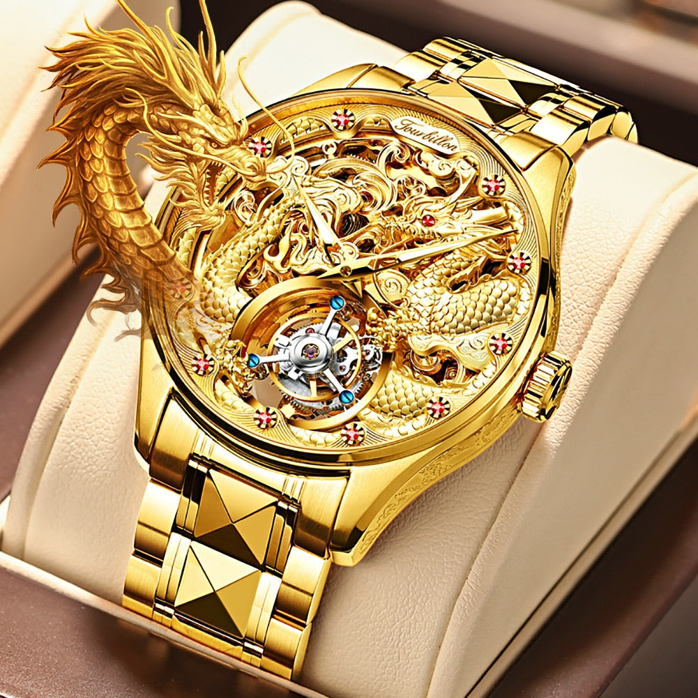 OUPINKE Real Tourbillon Mechanical Skeleton Watch Gold Sapphire glass Watches Rotary  Hand Wind Wristwatch Man Clocks 3176G