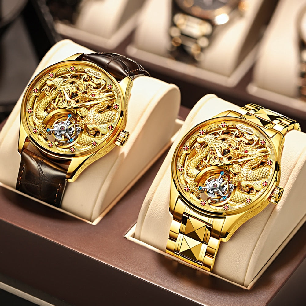 OUPINKE Real Tourbillon Mechanical Skeleton Watch Gold Sapphire glass Watches Rotary  Hand Wind Wristwatch Man Clocks 3176G