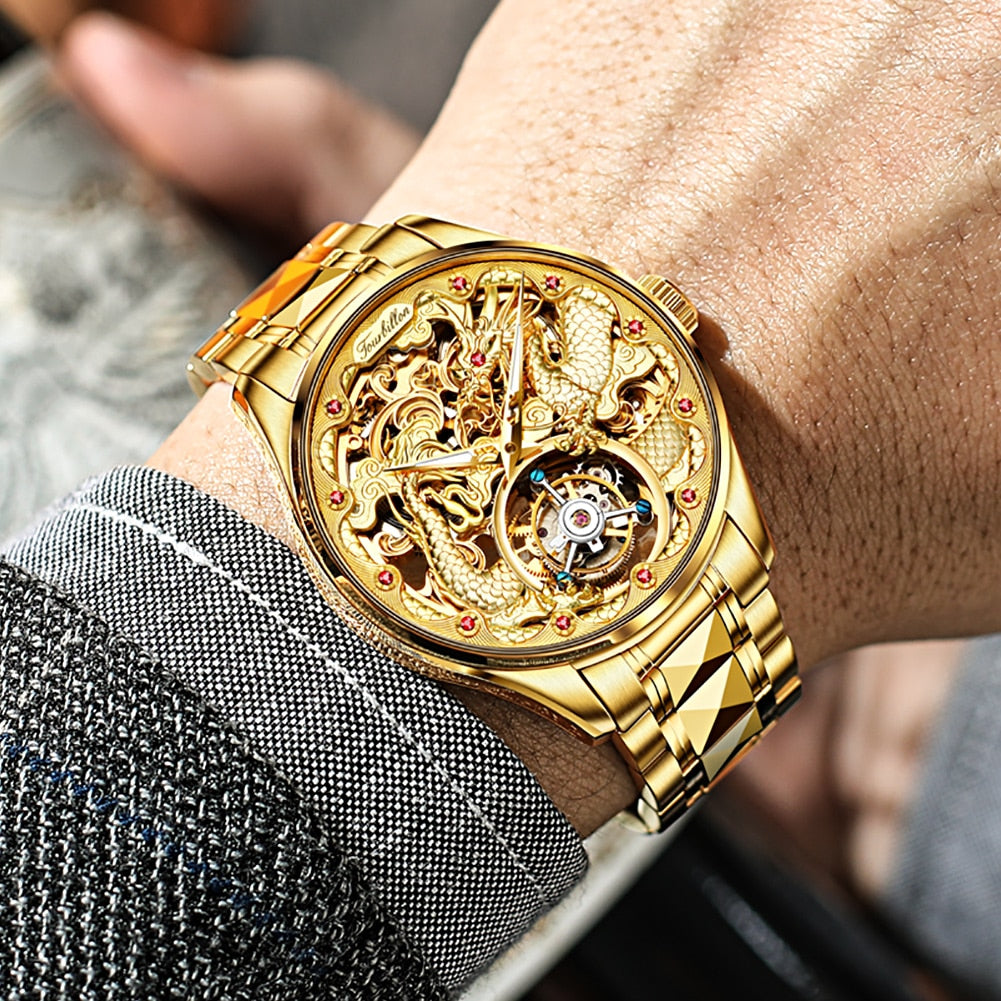 OUPINKE Real Tourbillon Mechanical Skeleton Watch Gold Sapphire glass Watches Rotary  Hand Wind Wristwatch Man Clocks 3176G