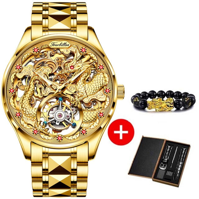 OUPINKE Real Tourbillon Mechanical Skeleton Watch Gold Sapphire glass Watches Rotary  Hand Wind Wristwatch Man Clocks 3176G