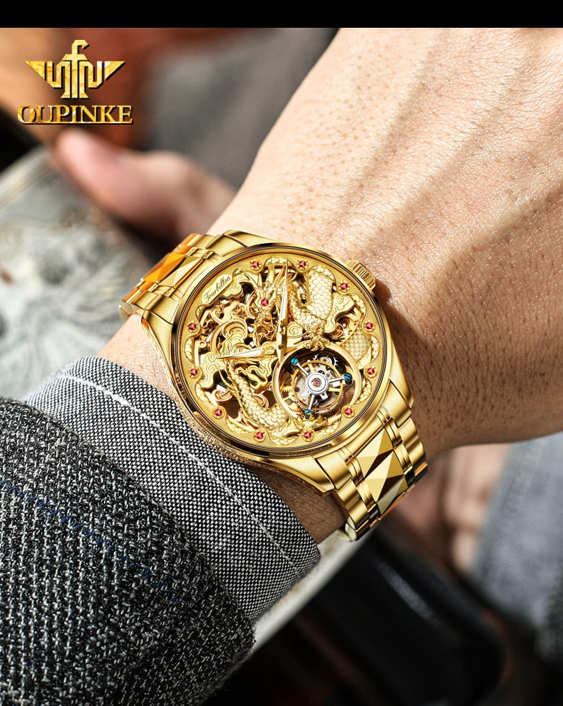 OUPINKE Real Tourbillon Mechanical Skeleton Watch Gold Sapphire glass Watches Rotary  Hand Wind Wristwatch Man Clocks 3176G