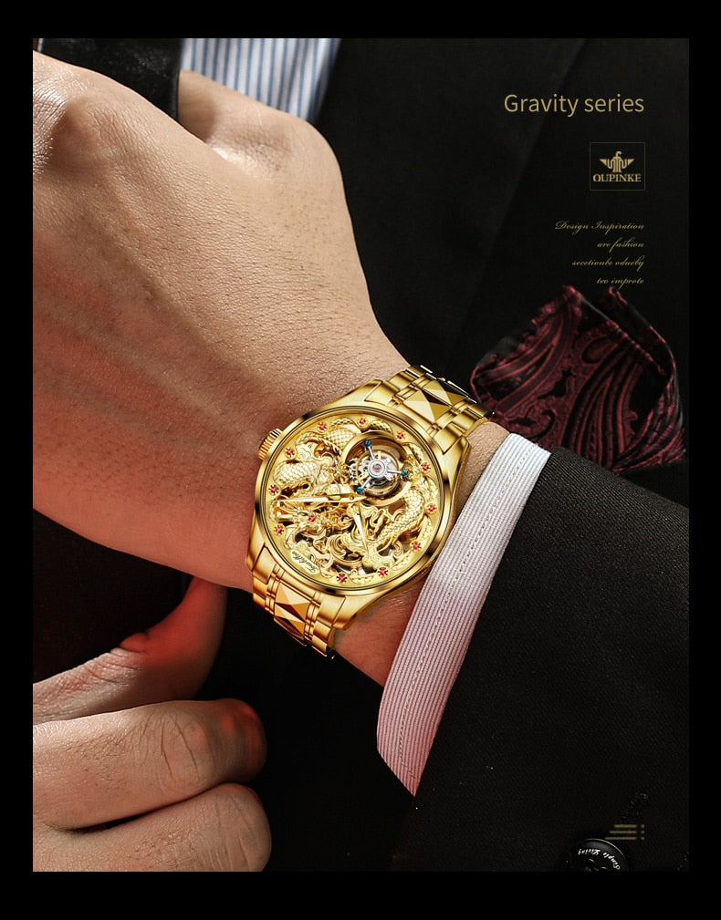 OUPINKE Real Tourbillon Mechanical Skeleton Watch Gold Sapphire glass Watches Rotary  Hand Wind Wristwatch Man Clocks 3176G