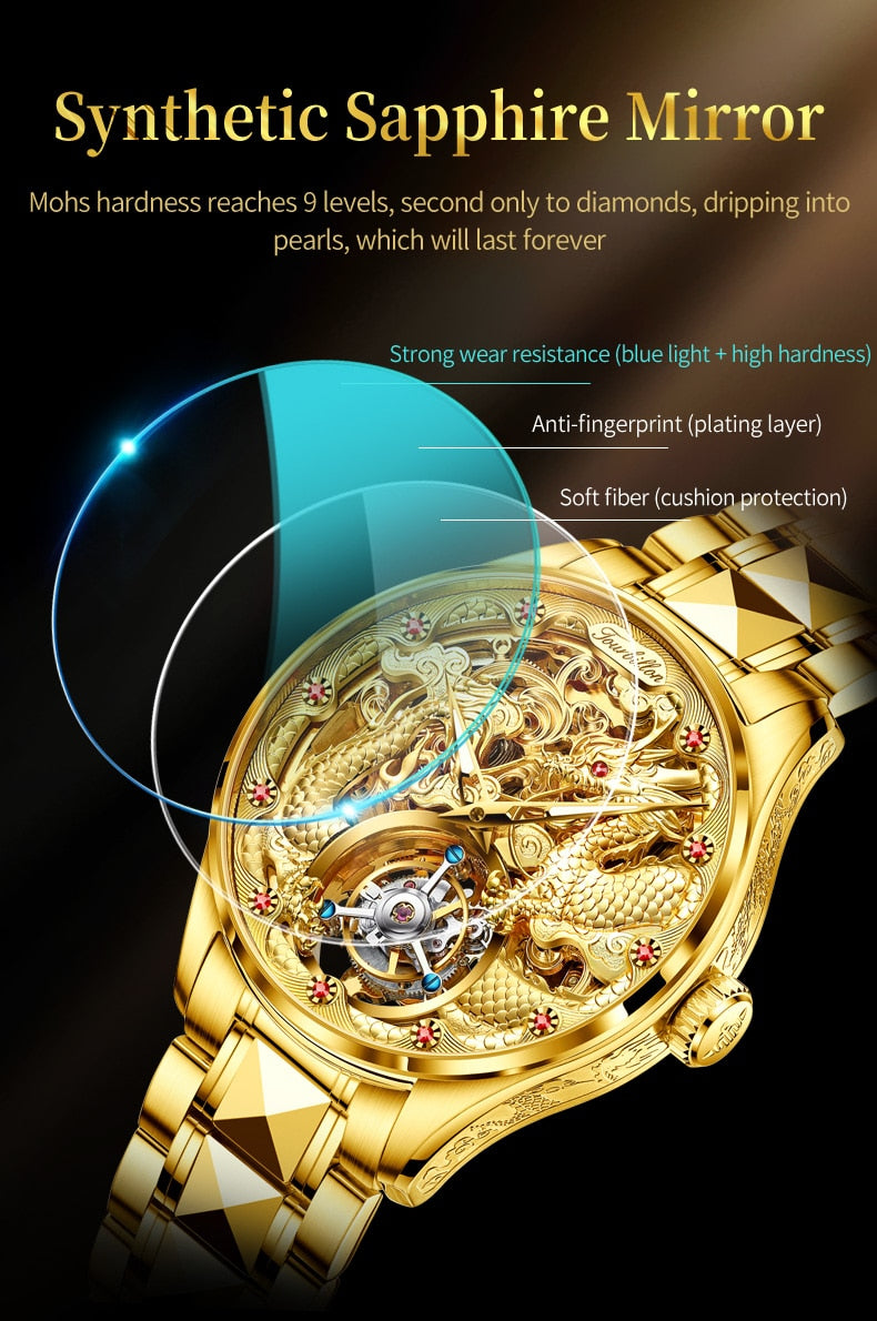OUPINKE Real Tourbillon Mechanical Skeleton Watch Gold Sapphire glass Watches Rotary  Hand Wind Wristwatch Man Clocks 3176G